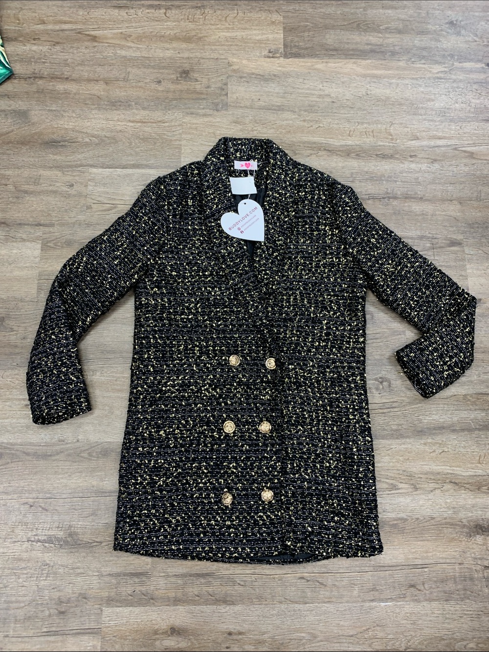 Buddy Love Black Tweed Double-Breasted Blazer with Gold Thread